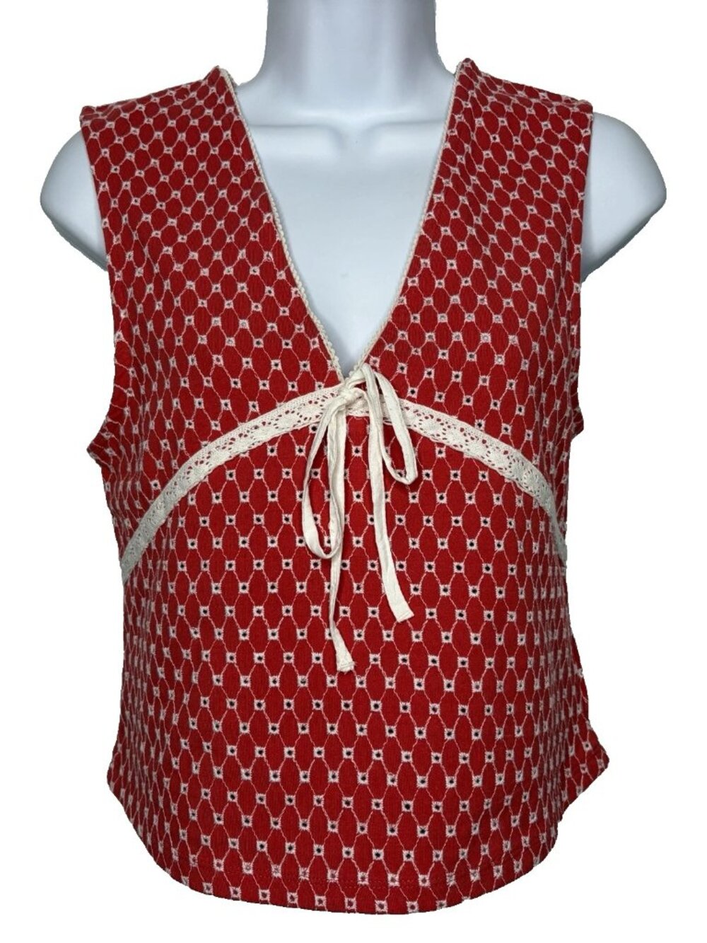 Free People Good Graces Crop Tank Top Size M Red White Embroidered Eyelet Fitted